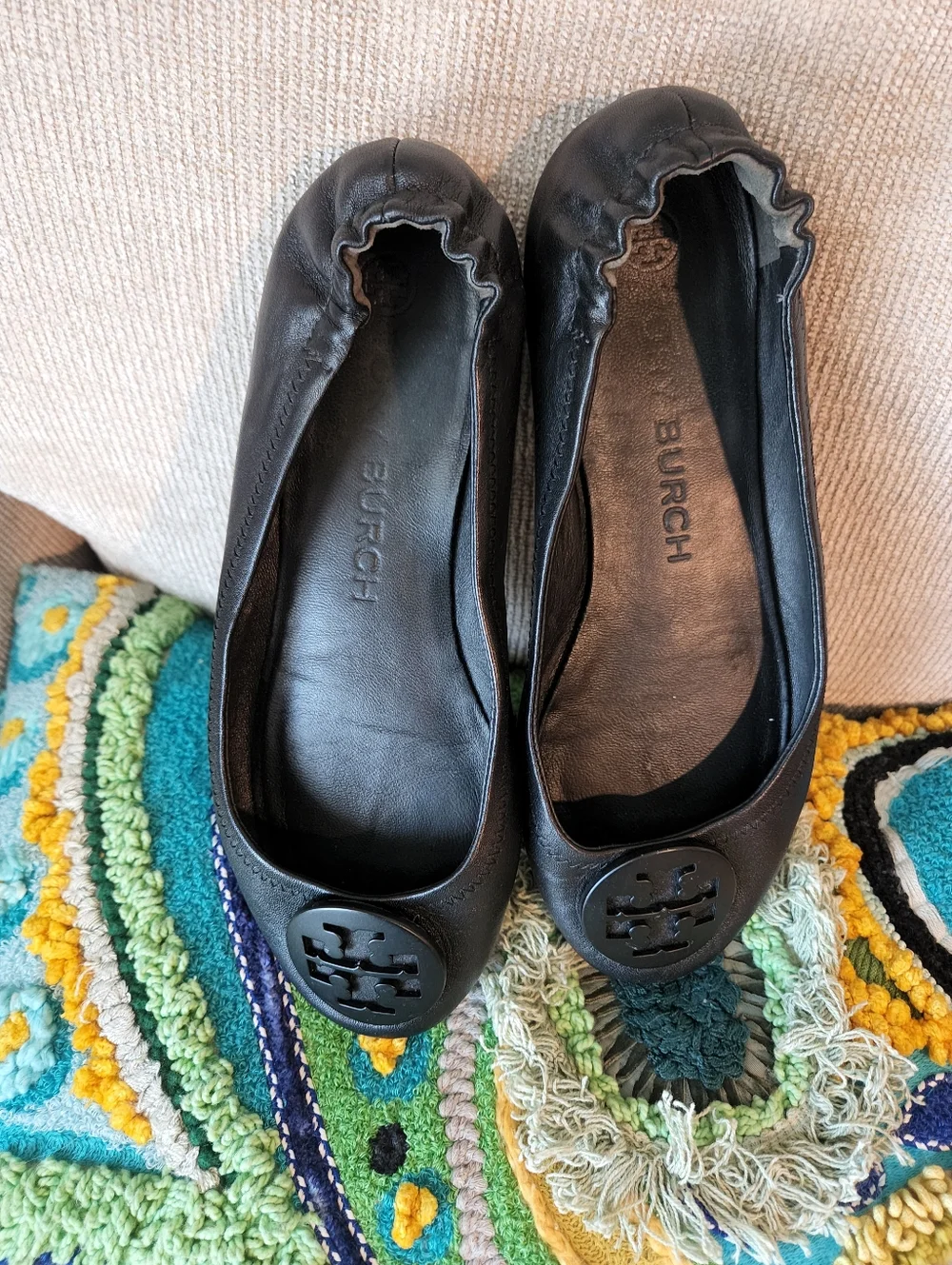 Tory Burch Black Leather Logo Ballet Flats